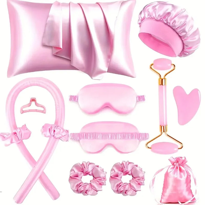4/6/13PCS Styling Kit -Heatless Silk Curler with Sleeping Mask and Shower Cap for Women and Girls Beauty Kit for Travel and Home